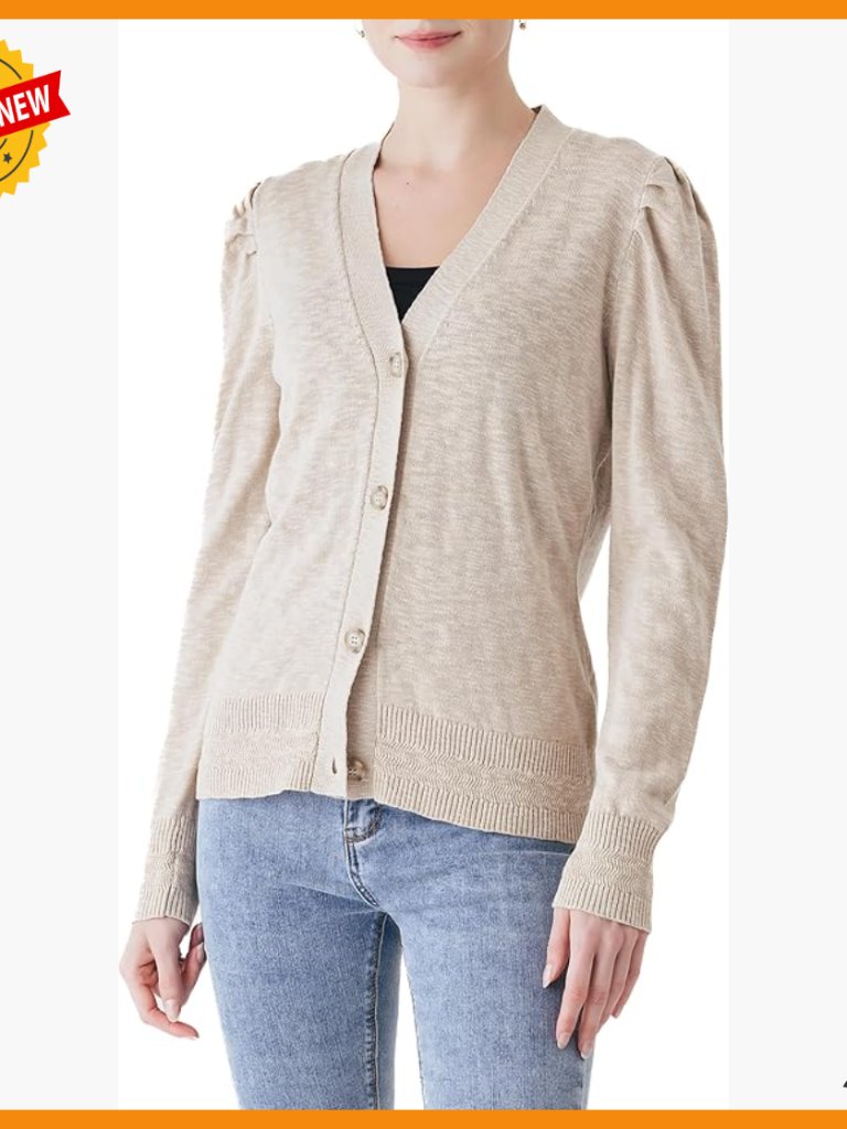 Lightweight V-Neck Cardigan Puff Sleeve Button Front Cotton Viscose Blend